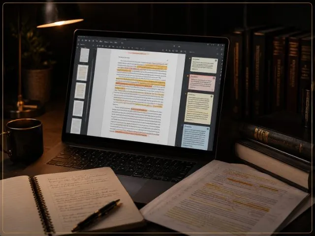 Revisão do conteúdo no notebook, com grifos e notas
